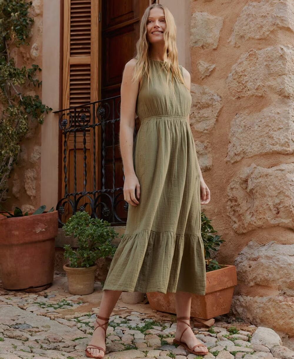 PACT Coastal Double Gauze Tiered Midi Dress Khaki Green Sz L {3E34}